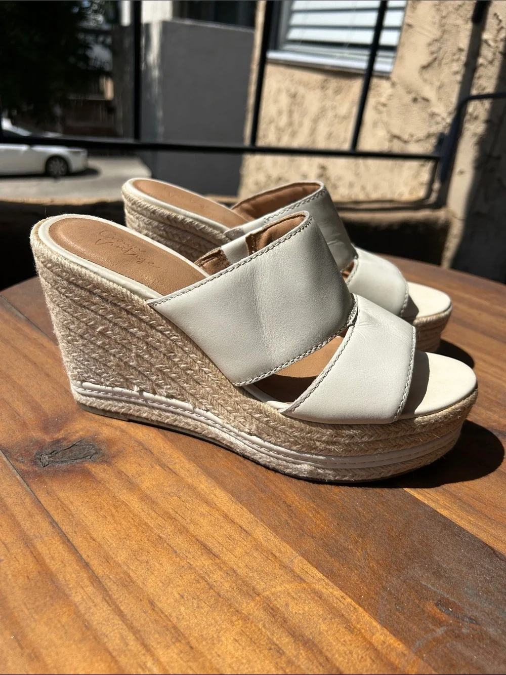 Crown Cream Leather Espadrille Wedge Slides